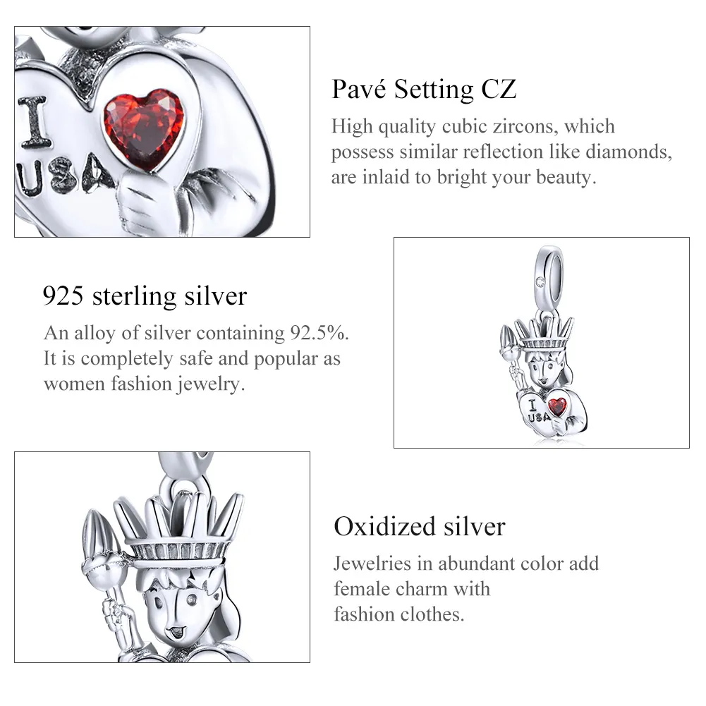 Pandora Style Silver I love USA Dangle - SCC1883