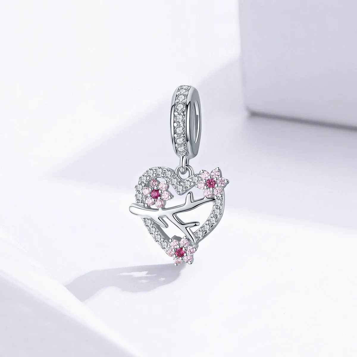 Pandora Style Silver Plum Blossom Heart Dangle - BSC151