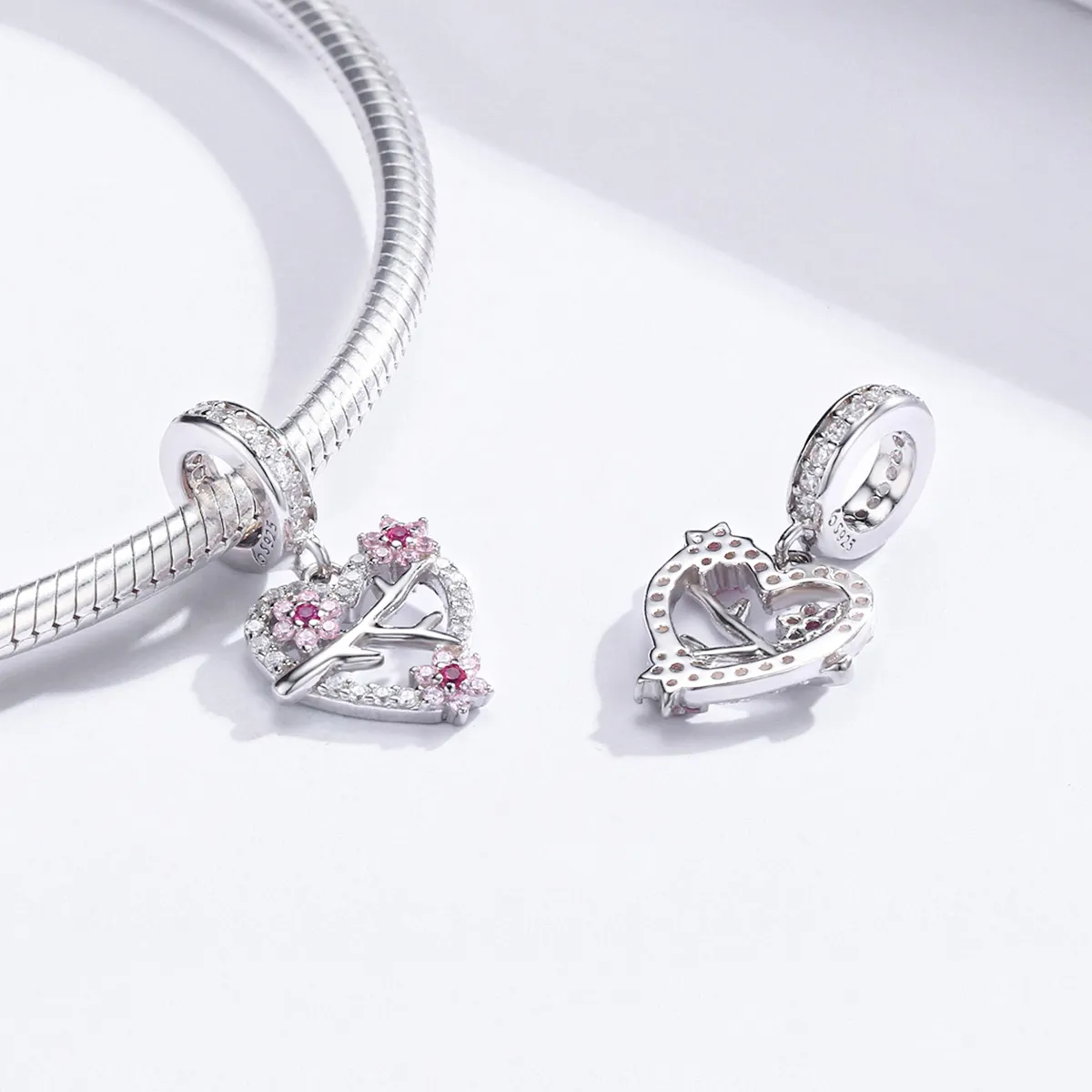 Pandora Style Silver Plum Blossom Heart Dangle - BSC151