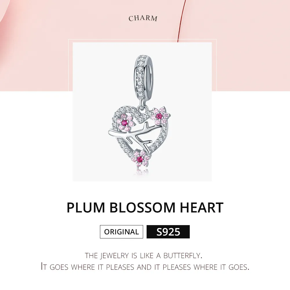 Pandora Style Silver Plum Blossom Heart Dangle - BSC151