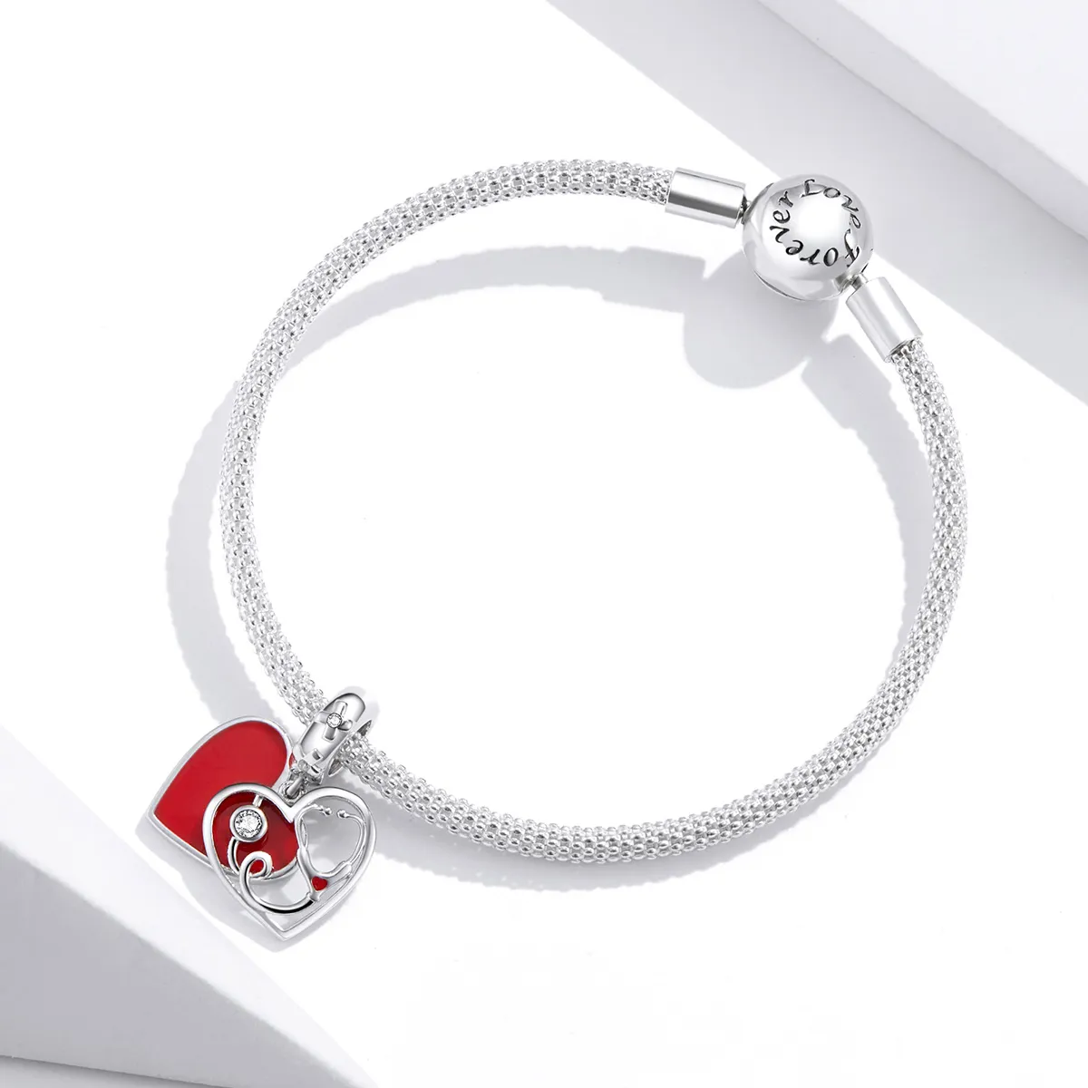 Pandora Style Silver Stethoscope With Red Heart Dangle - BSC308