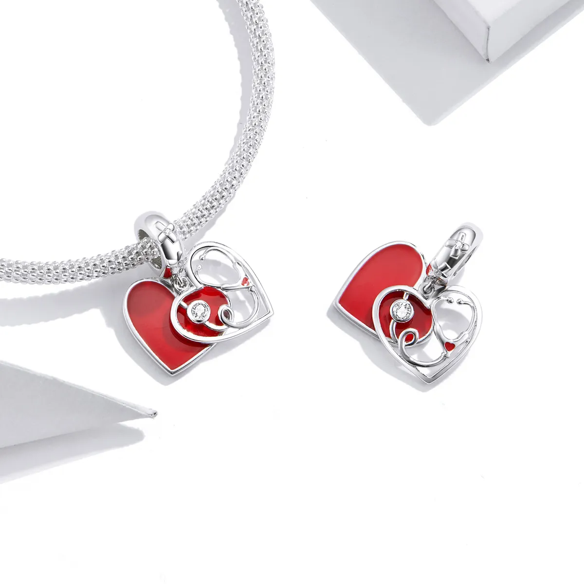 Pandora Style Silver Stethoscope With Red Heart Dangle - BSC308