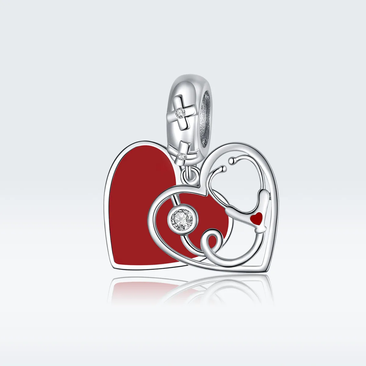 Pandora Style Silver Stethoscope With Red Heart Dangle - BSC308