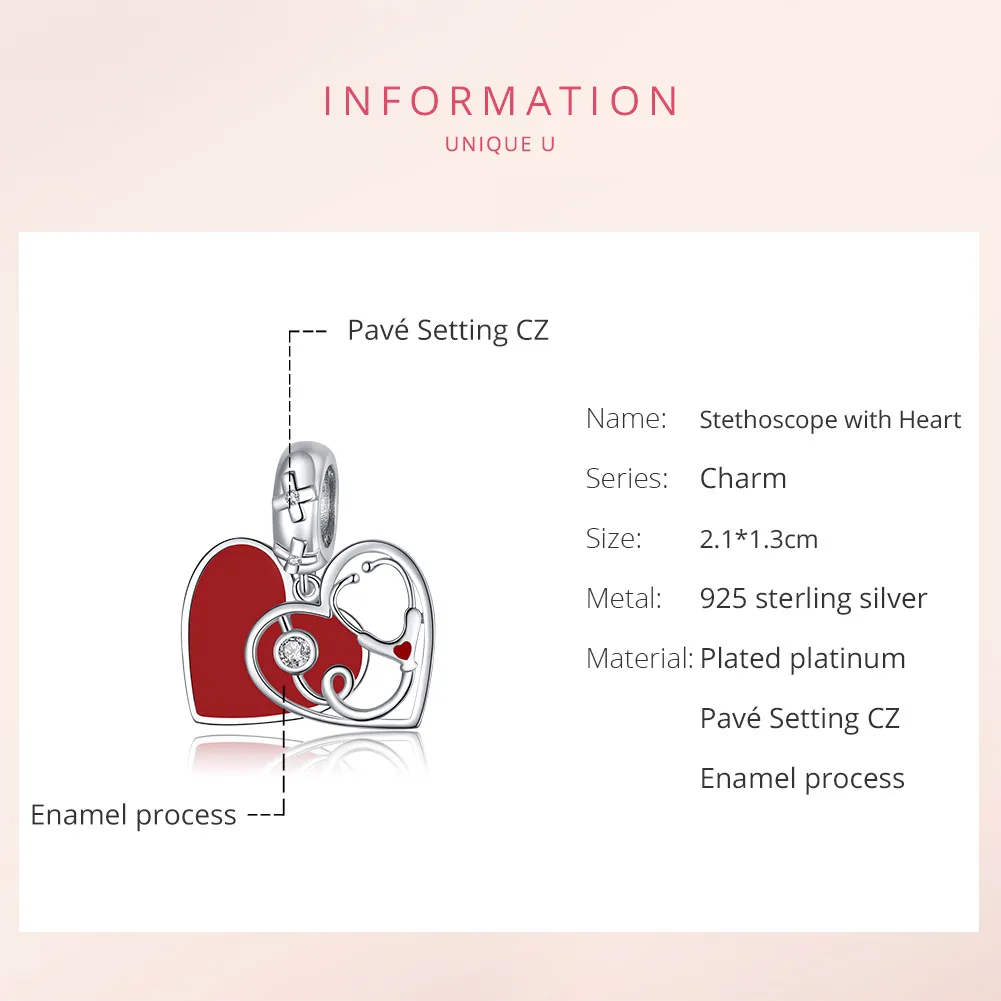 Pandora Style Silver Stethoscope With Red Heart Dangle - BSC308