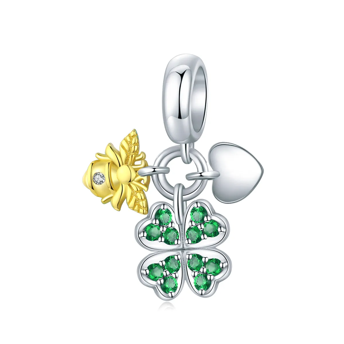 Pandora Style Two Tone Bicolor Clover With Bee Dangle - BSC303