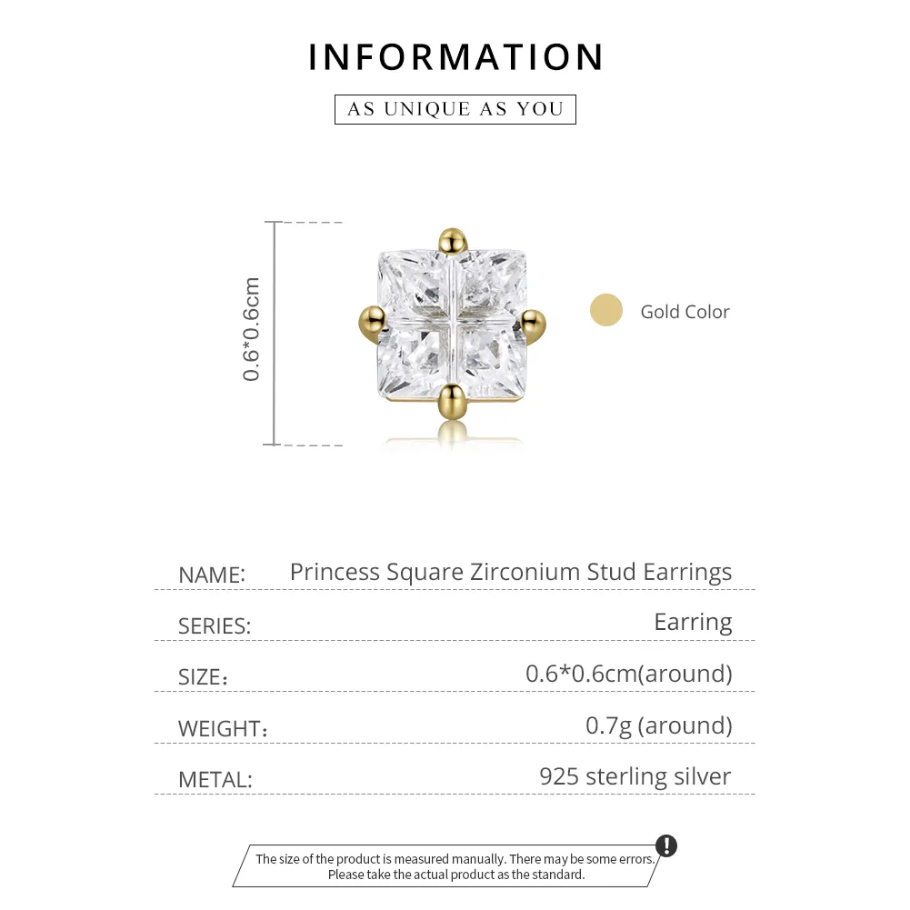 Pandora Style 18ct Gold Plated Princess Square Zirconium Stud Earrings - SCE1090