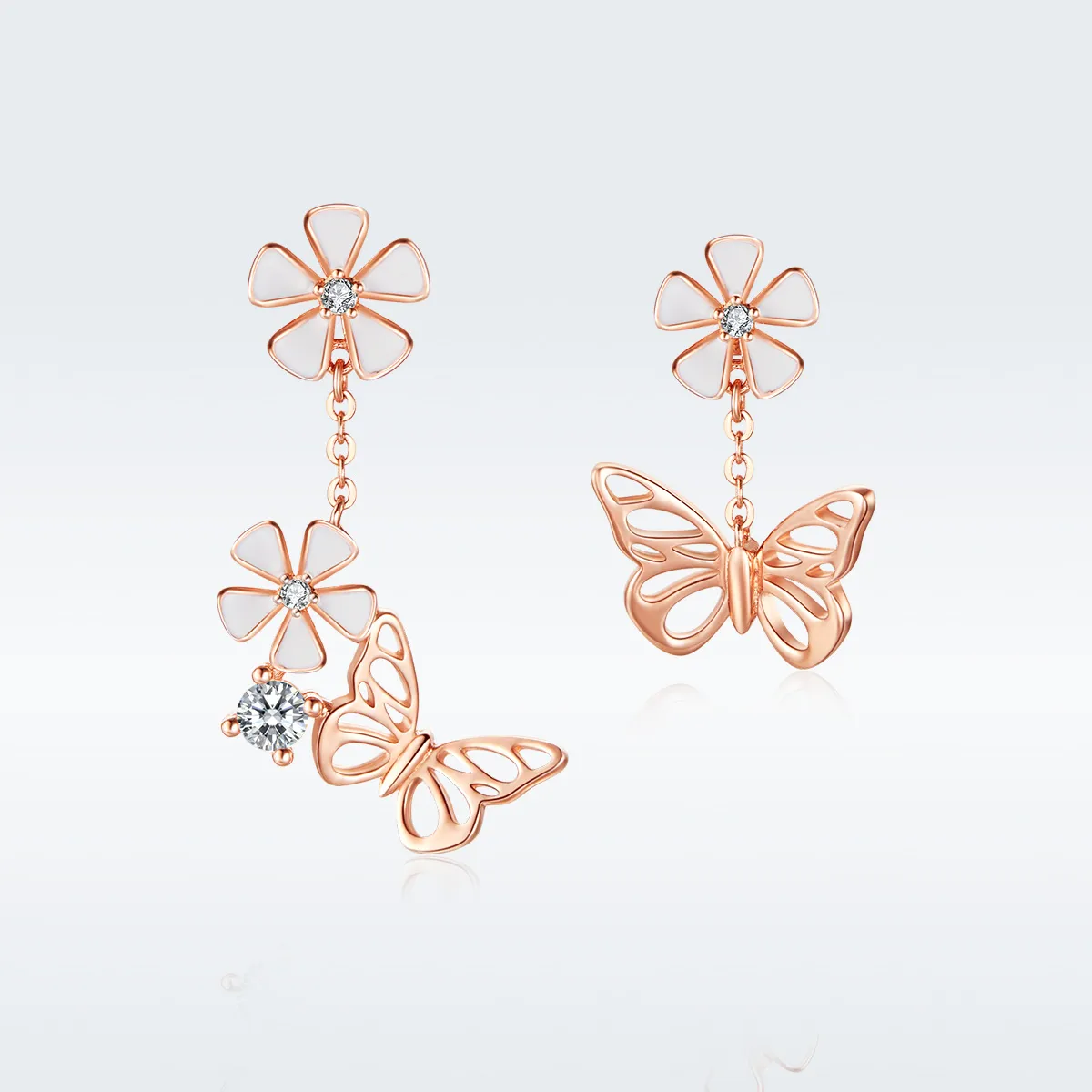 Pandora Style Rose Gold Dancing Butterfly Dangle Earrings - BSE100