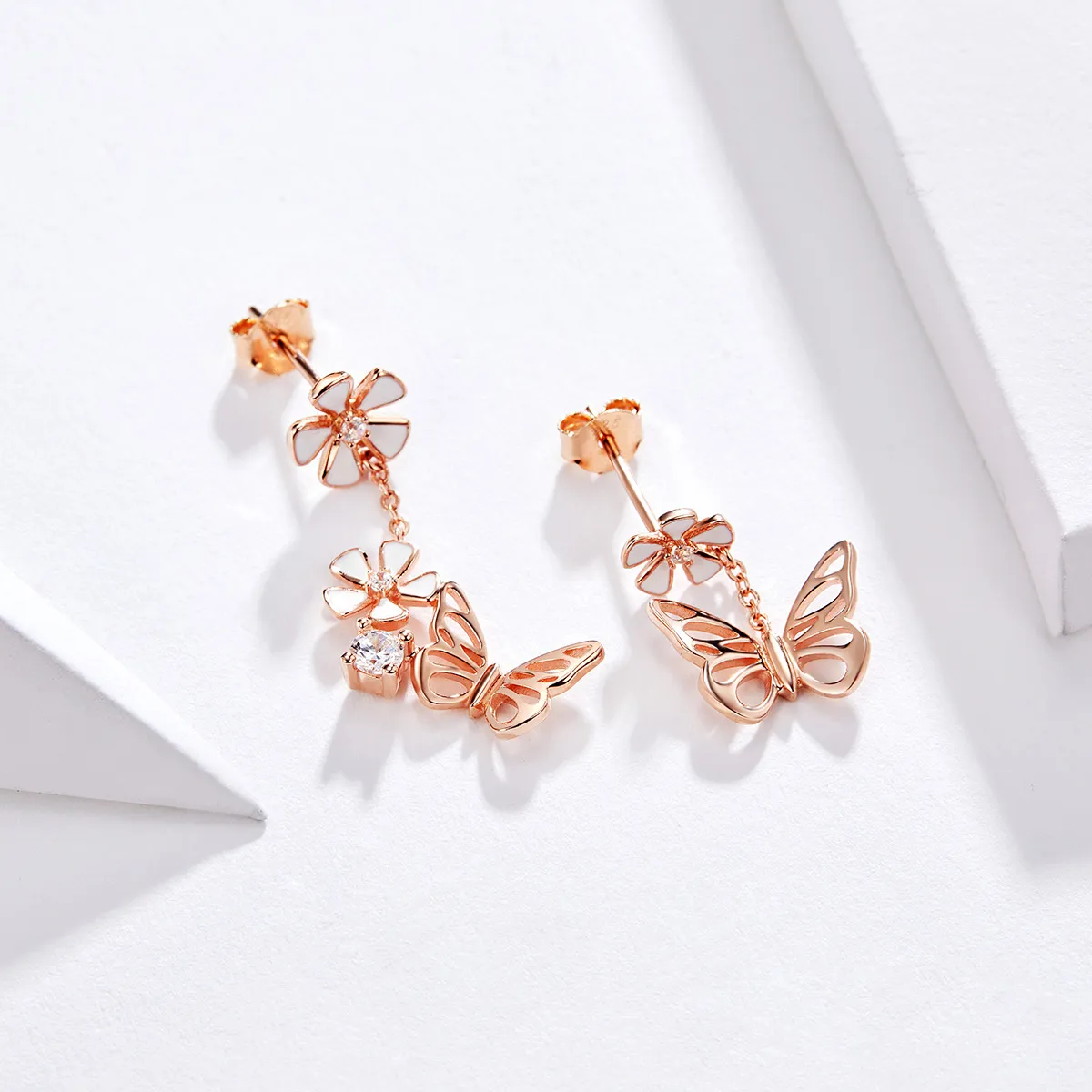 Pandora Style Rose Gold Dancing Butterfly Dangle Earrings - BSE100
