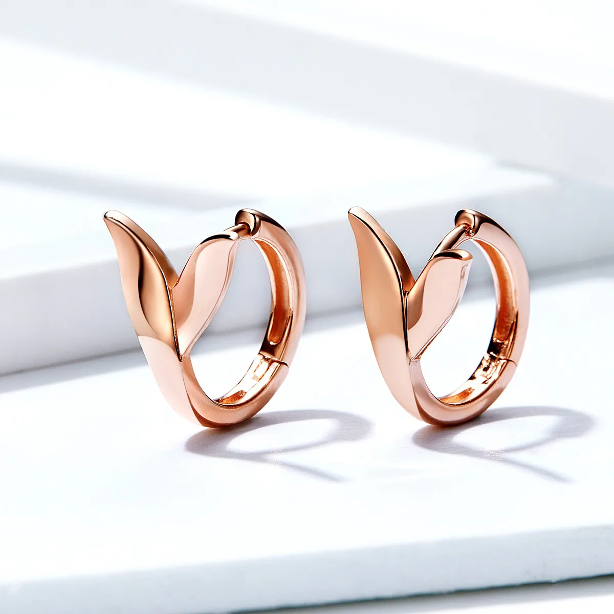 Pandora Style Rose Gold Dolphin Tail Hoop Earrings - BSE078