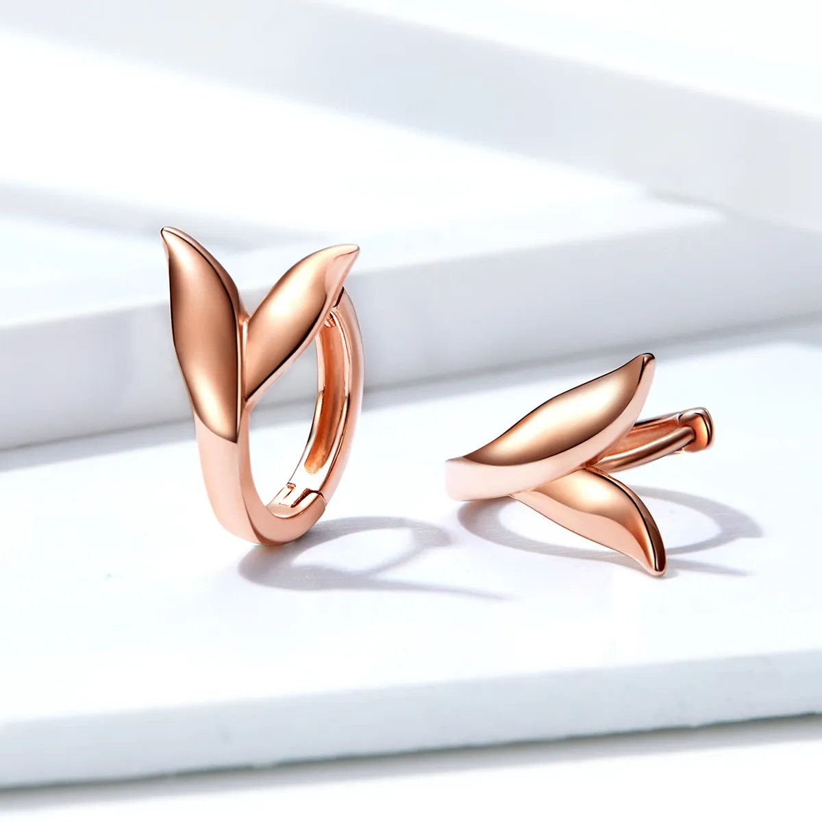 Pandora Style Rose Gold Dolphin Tail Hoop Earrings - BSE078