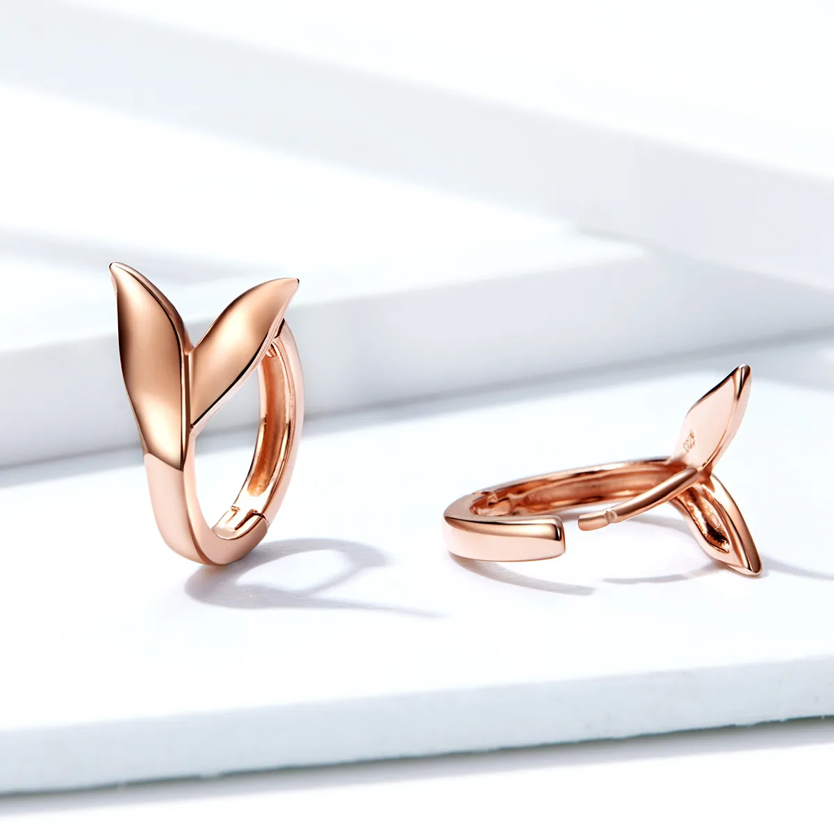 Pandora Style Rose Gold Dolphin Tail Hoop Earrings - BSE078