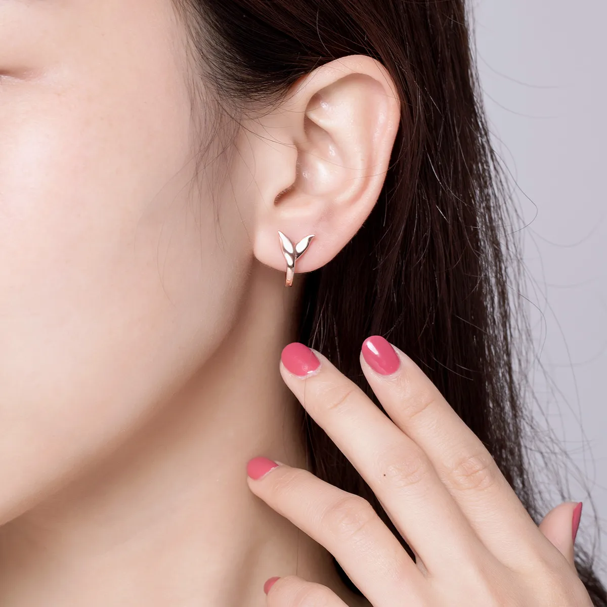 Pandora Style Rose Gold Dolphin Tail Hoop Earrings - BSE078