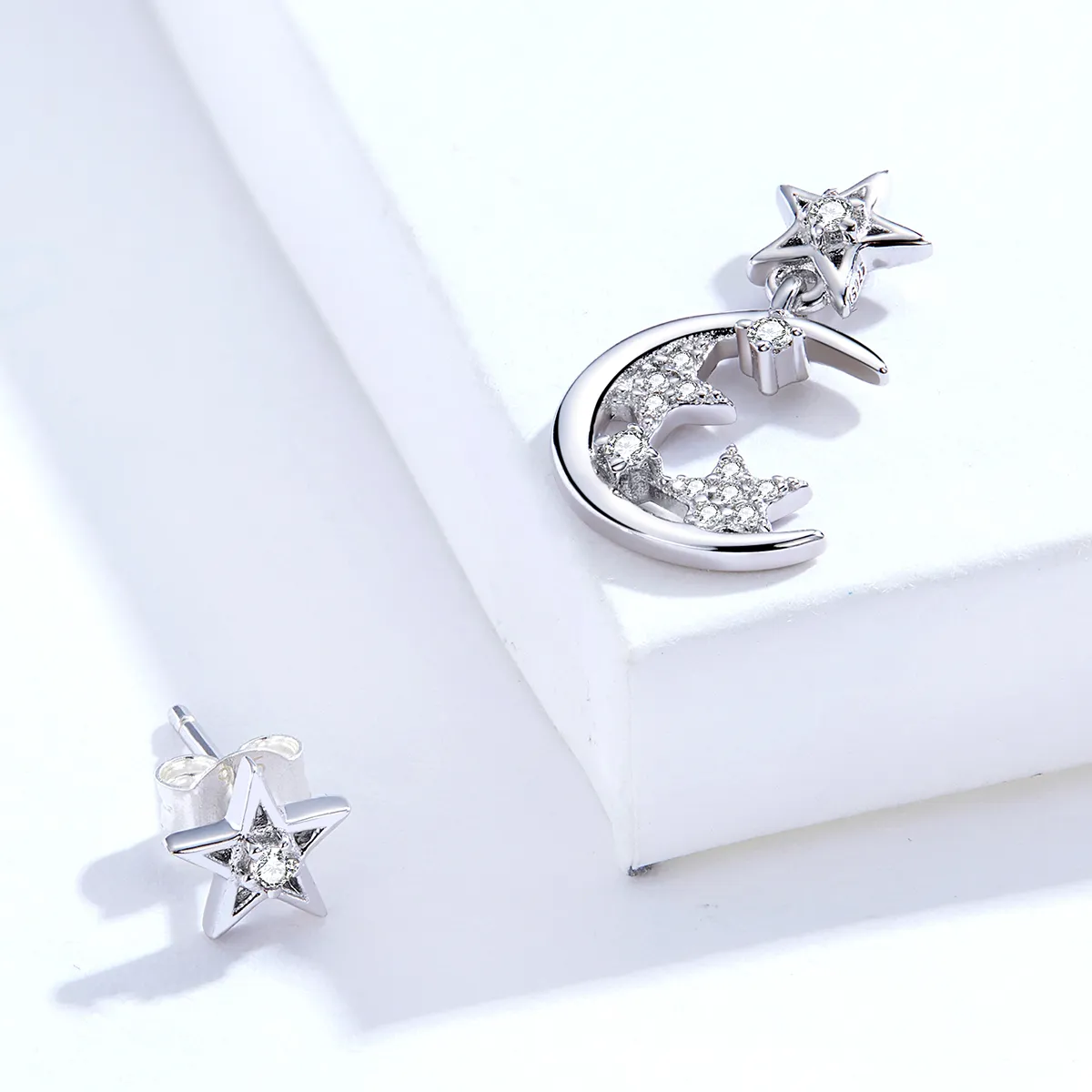 Pandora Style Silver Asymmetrical Bright Star Moon Dangle Earrings - SCE813