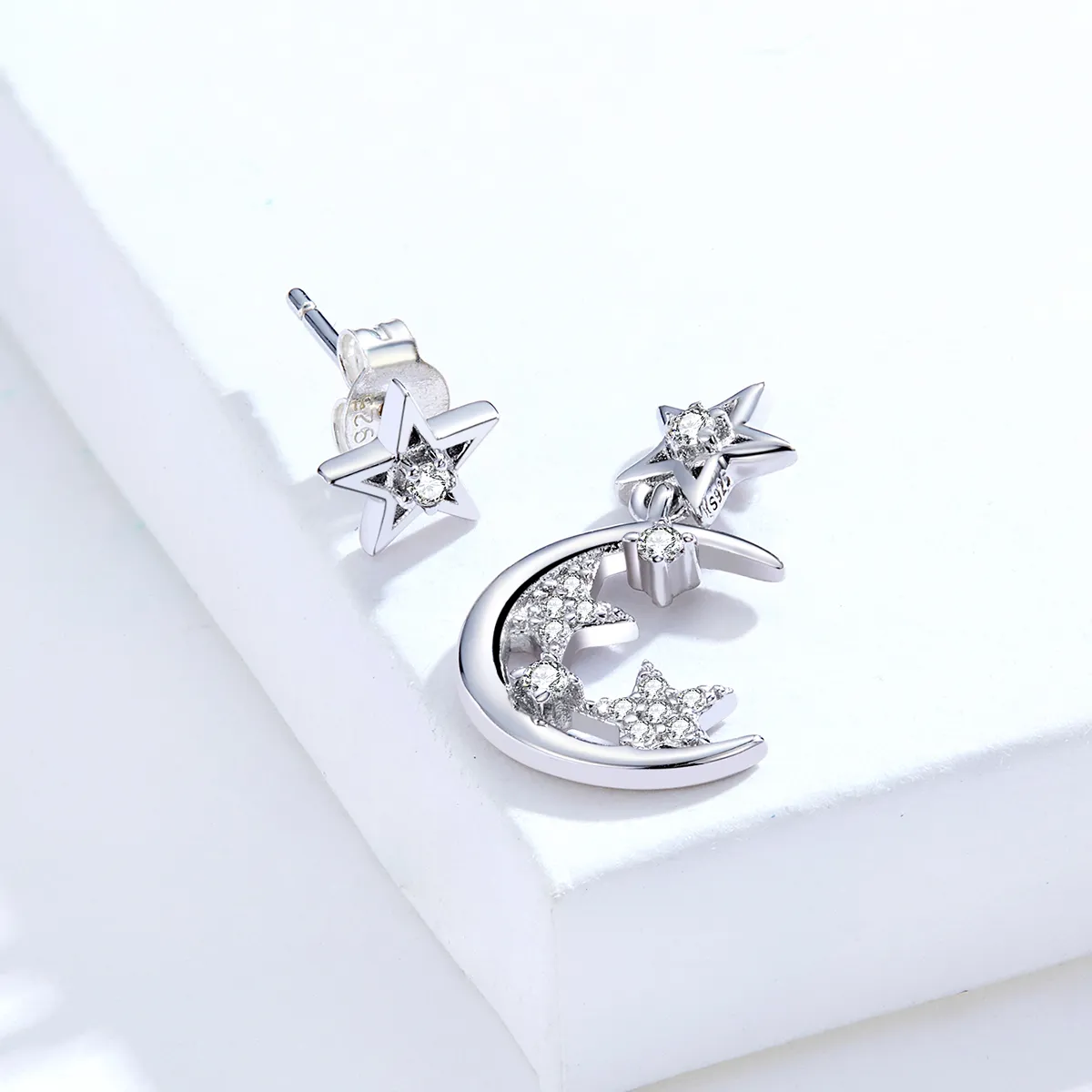 Pandora Style Silver Asymmetrical Bright Star Moon Dangle Earrings - SCE813
