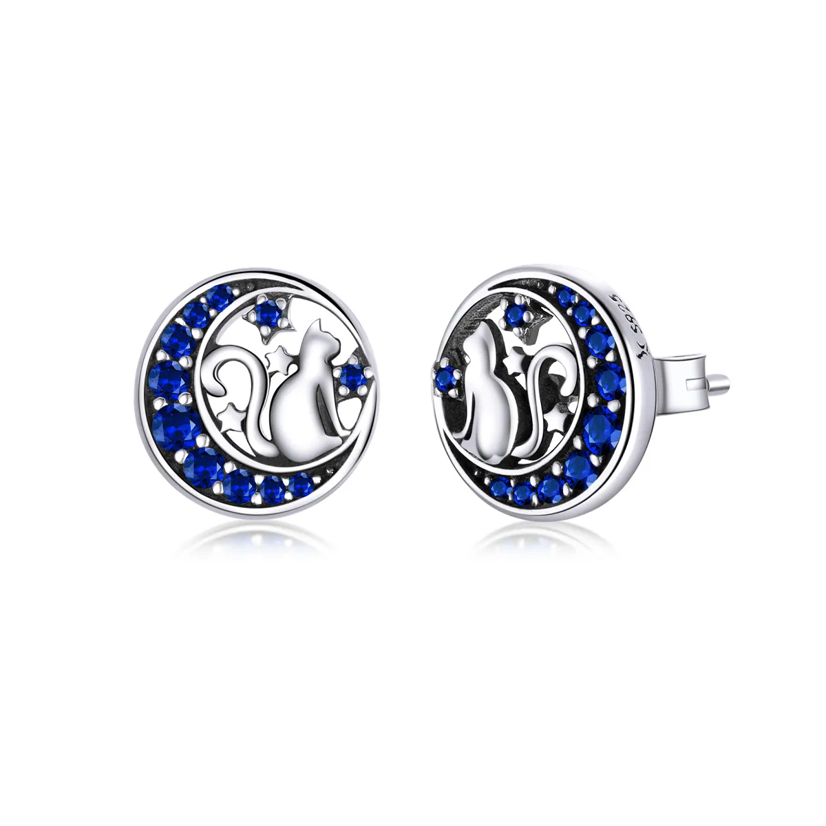 Pandora Style Silver Blue Moon & Kitty Stud Earrings - SCE880