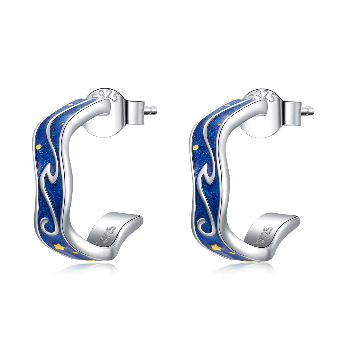 Pandora Style Silver Blue Star Pattern Stud Earrings - SCE1029