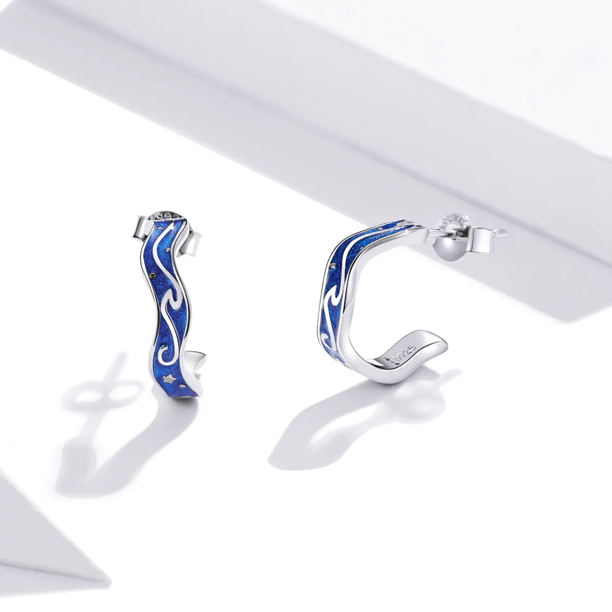 Pandora Style Silver Blue Star Pattern Stud Earrings - SCE1029