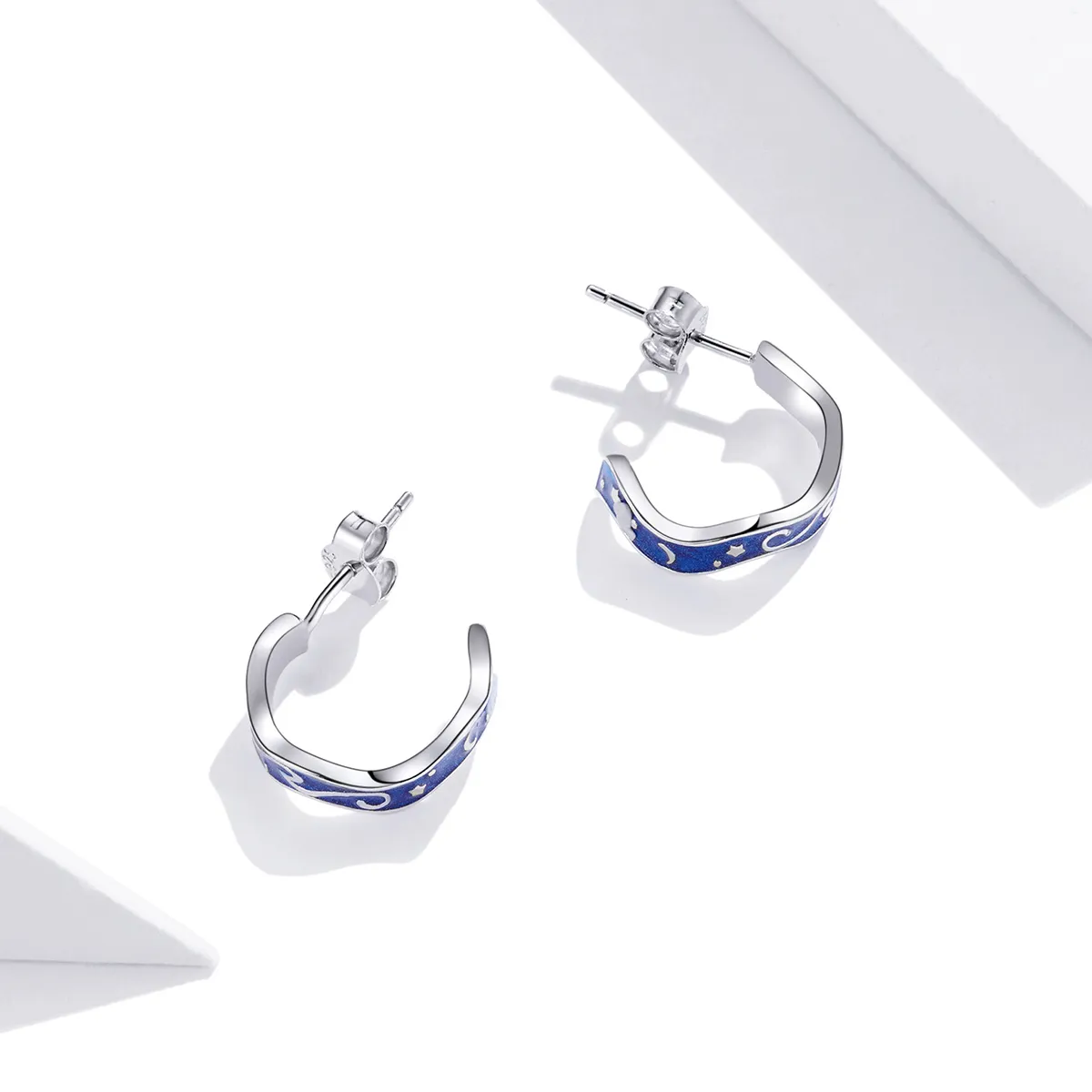Pandora Style Silver Blue Star Pattern Stud Earrings - SCE1029