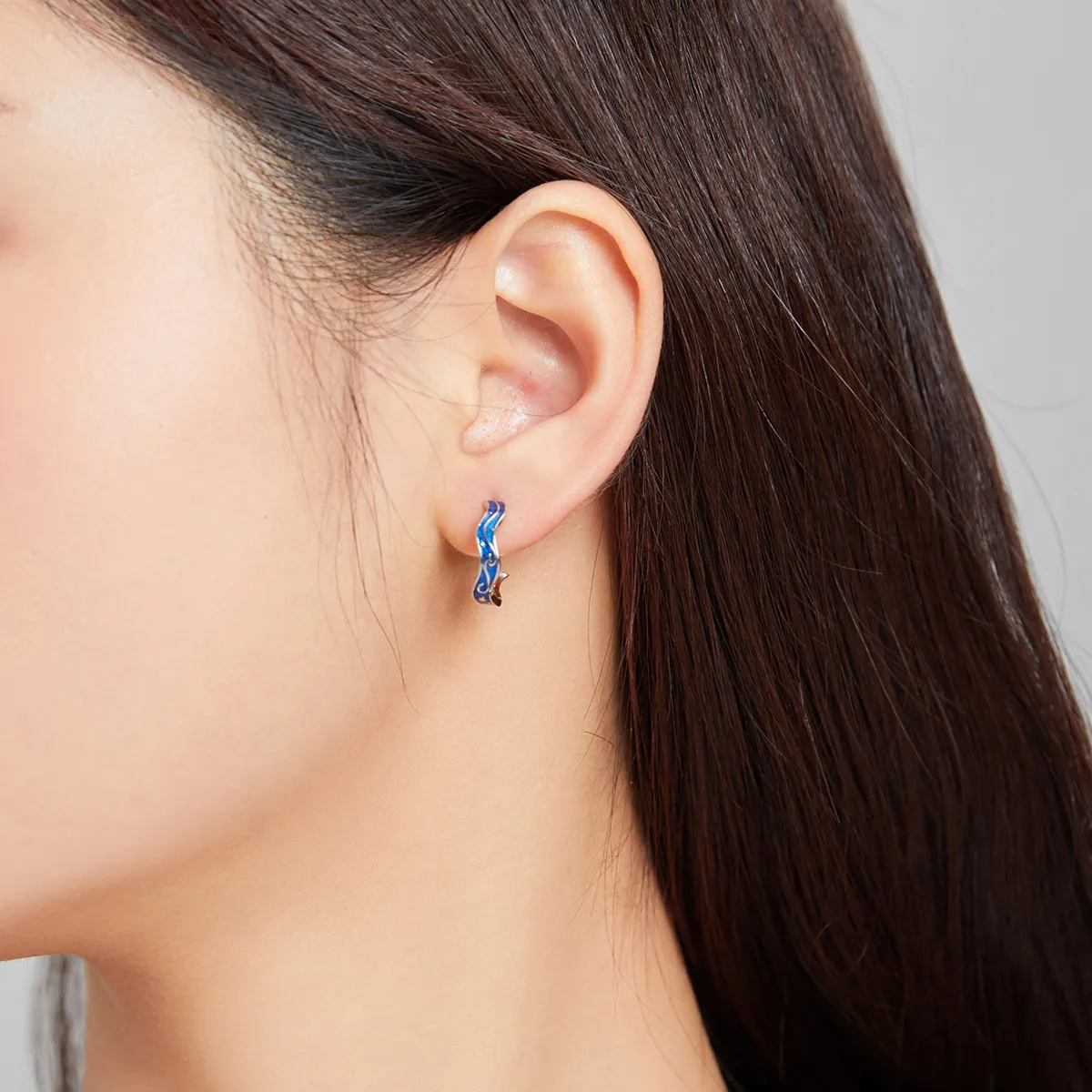 Pandora Style Silver Blue Star Pattern Stud Earrings - SCE1029