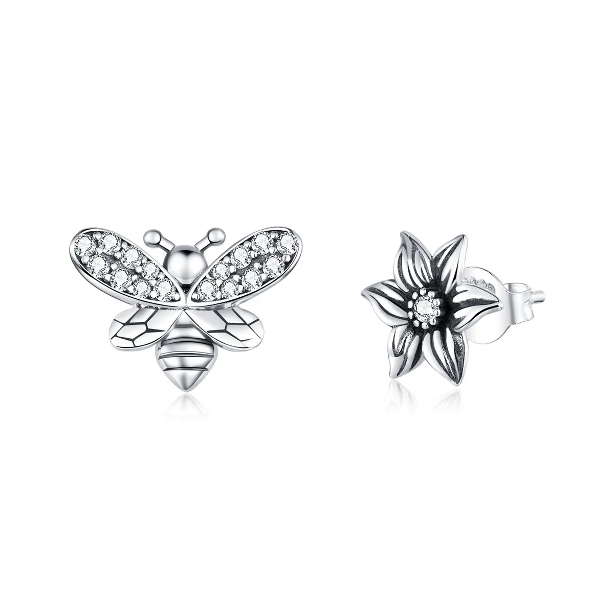 Pandora Style Silver Butterfly And Flower Stud Earrings - SCE884