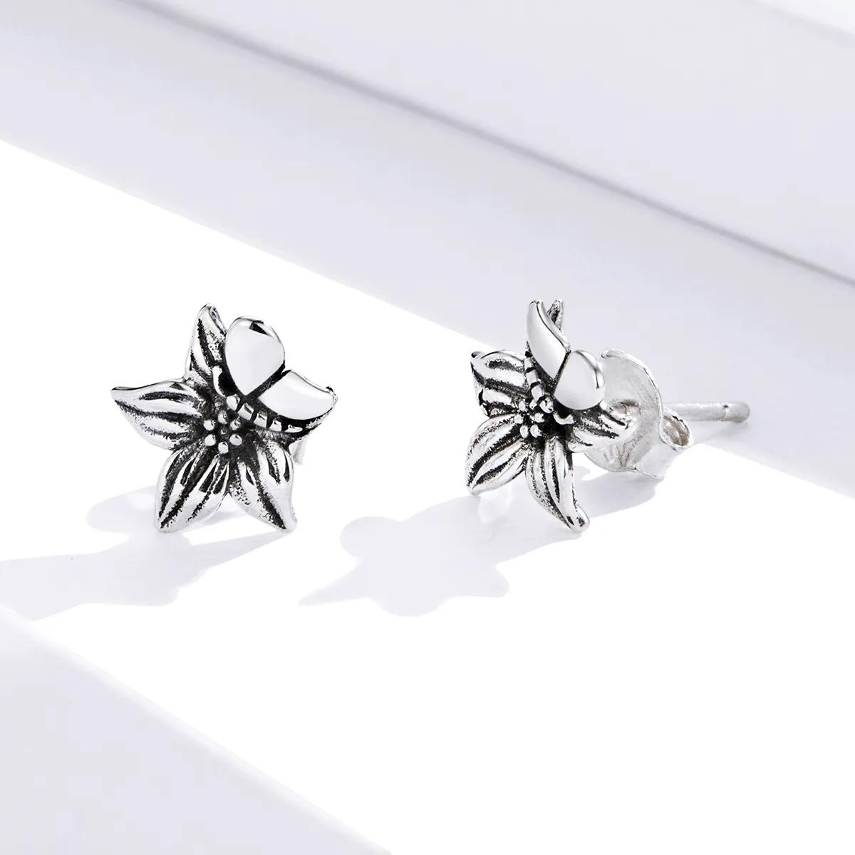 Pandora Style Silver Butterfly Love Flowers Stud Earrings - SCE887