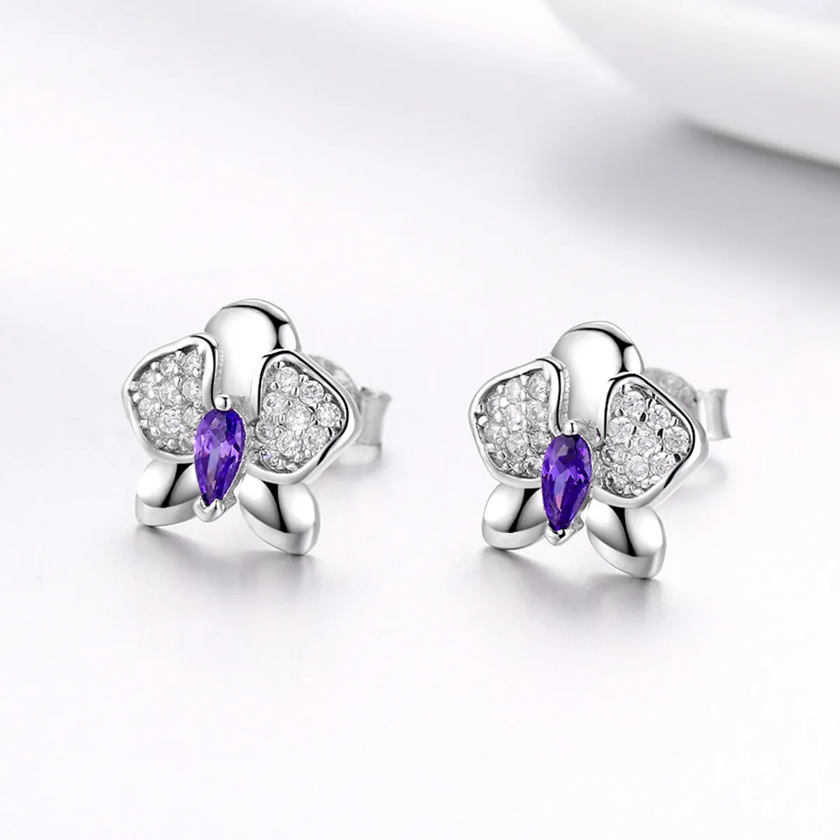 Pandora Style Silver Butterfly Orchid Stud Earrings - BSE036