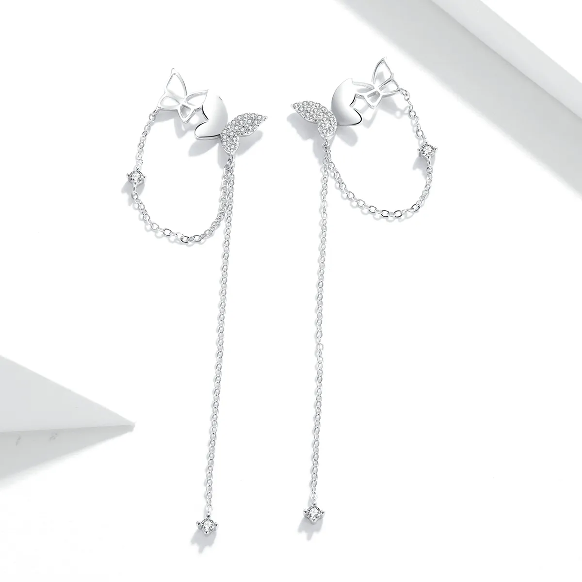 Pandora Style Silver Butterfly With Tassel Dangle Earrings - SCE942