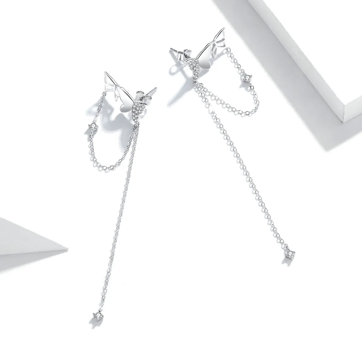 Pandora Style Silver Butterfly With Tassel Dangle Earrings - SCE942