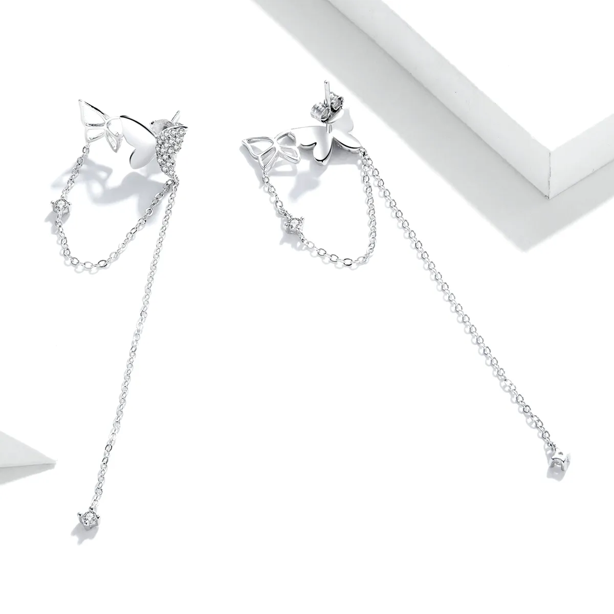 Pandora Style Silver Butterfly With Tassel Dangle Earrings - SCE942