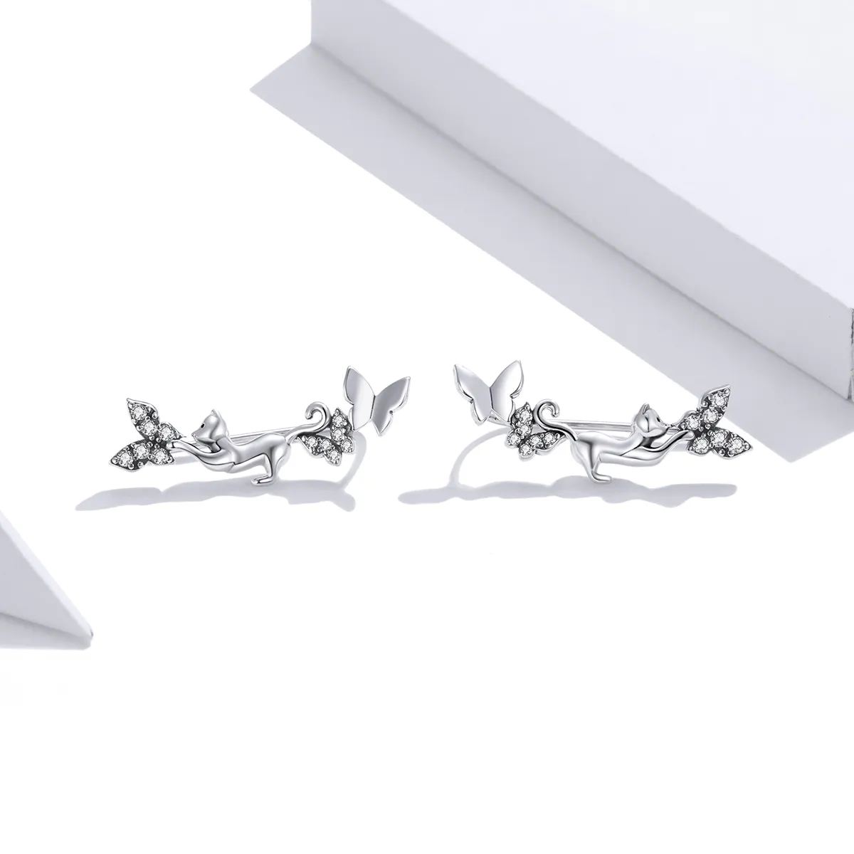 Pandora Style Silver Cat & Butterflies Stud Earrings - SCE961