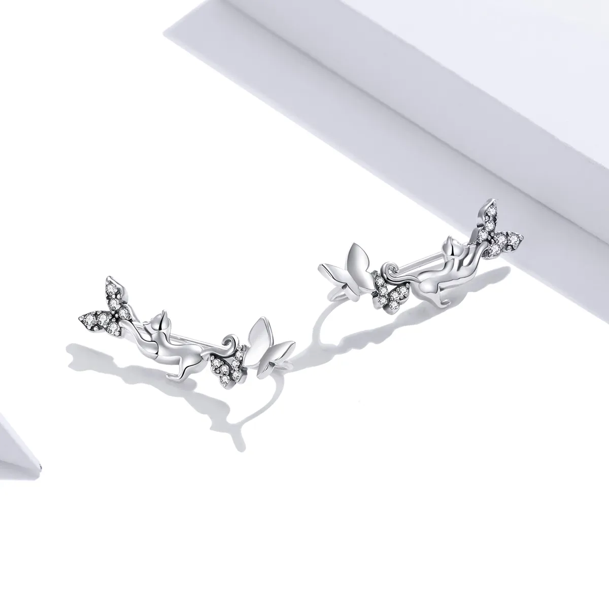 Pandora Style Silver Cat & Butterflies Stud Earrings - SCE961