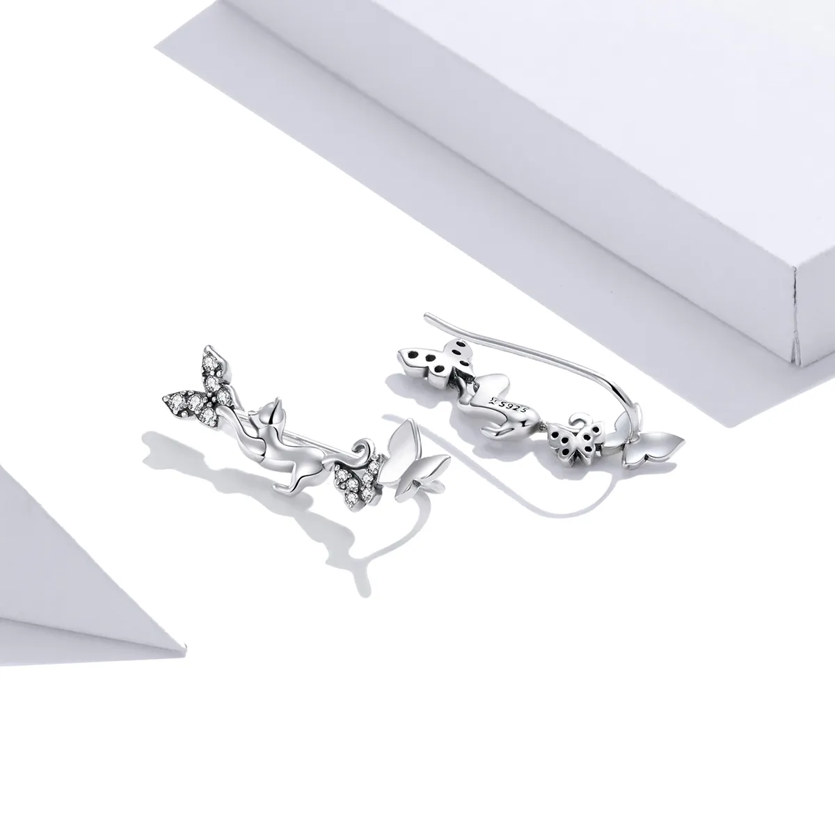 Pandora Style Silver Cat & Butterflies Stud Earrings - SCE961