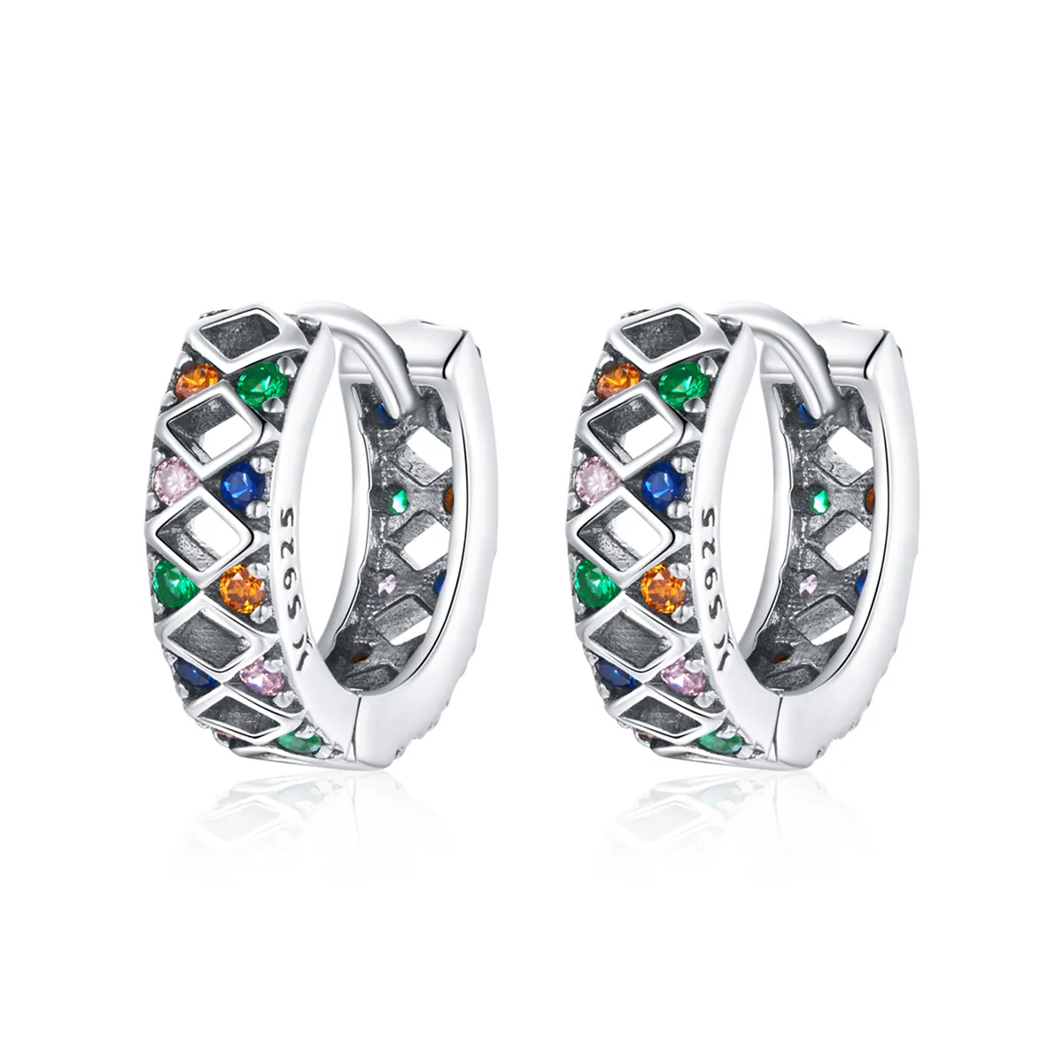 Pandora Style Silver Color Dot Blocks Hoop Earrings - SCE1123