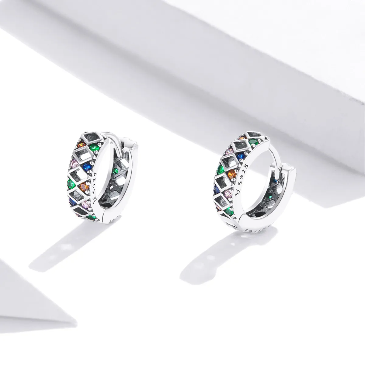 Pandora Style Silver Color Dot Blocks Hoop Earrings - SCE1123