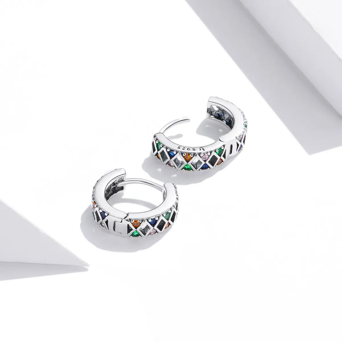 Pandora Style Silver Color Dot Blocks Hoop Earrings - SCE1123