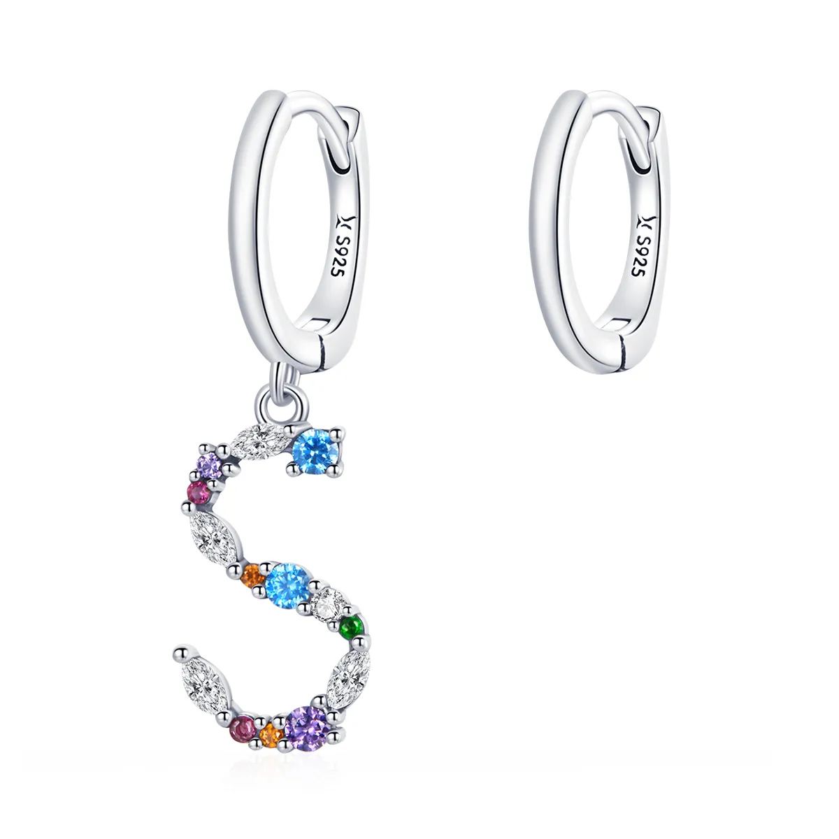 Pandora Style Silver Colorful Letter S Dangle Earrings - SCE1032