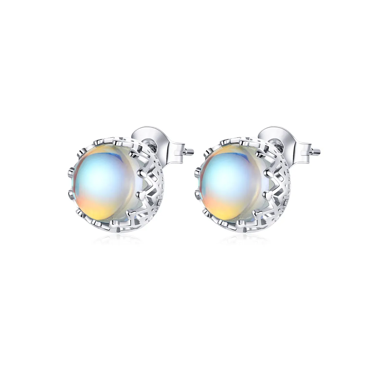 Pandora Style Silver Crown Moonstone Stud Earrings - SCE877