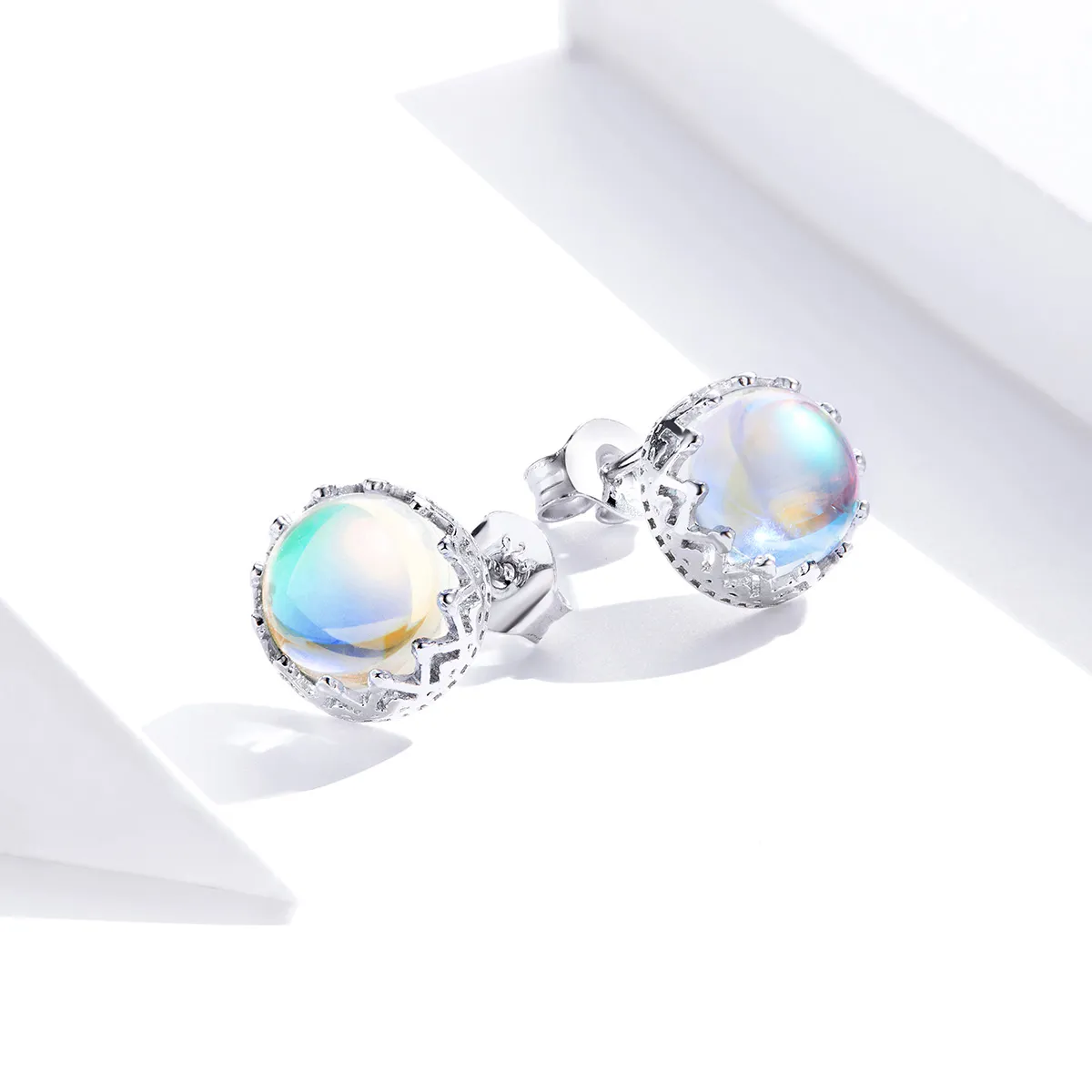 Pandora Style Silver Crown Moonstone Stud Earrings - SCE877