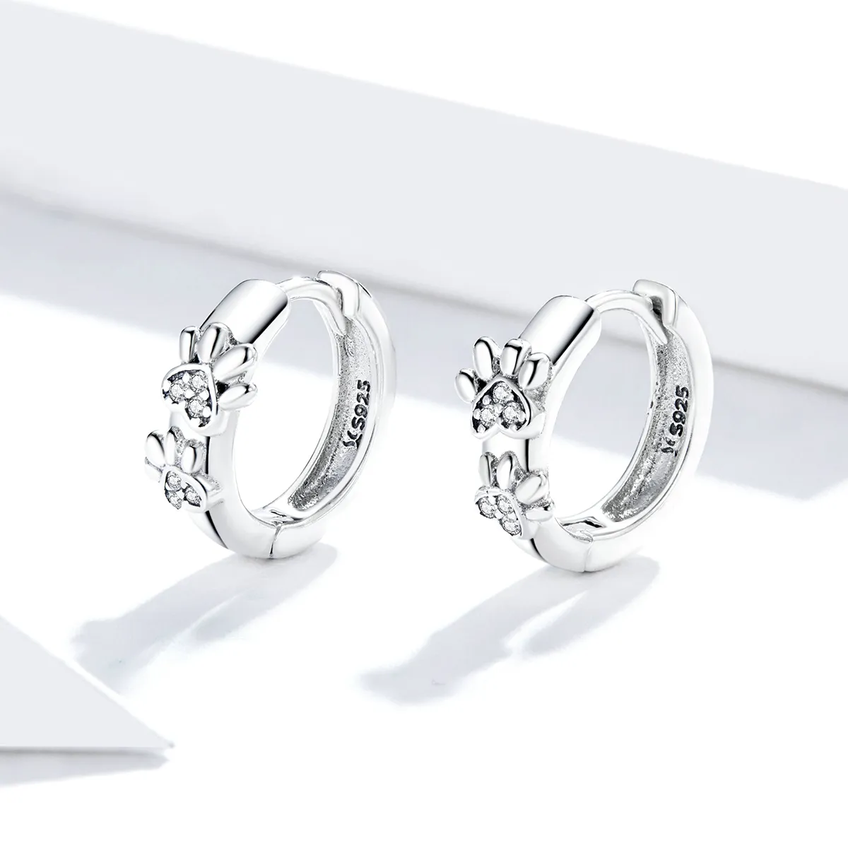 Pandora Style Silver Cute Paw Print Hoop Earrings - SCE938