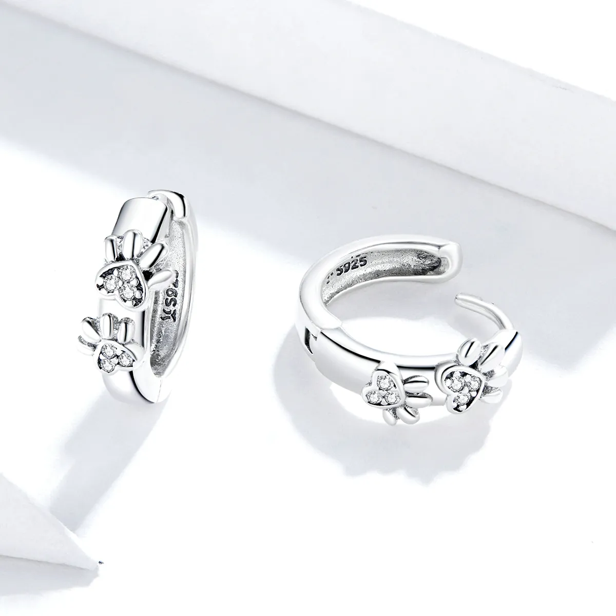 Pandora Style Silver Cute Paw Print Hoop Earrings - SCE938