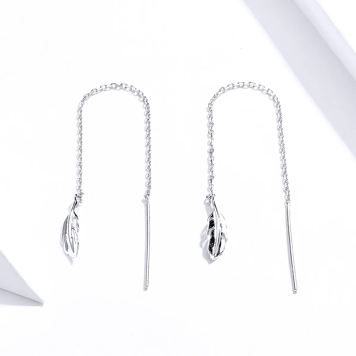 Pandora Style Silver Feather Dangle Earrings - SCE786