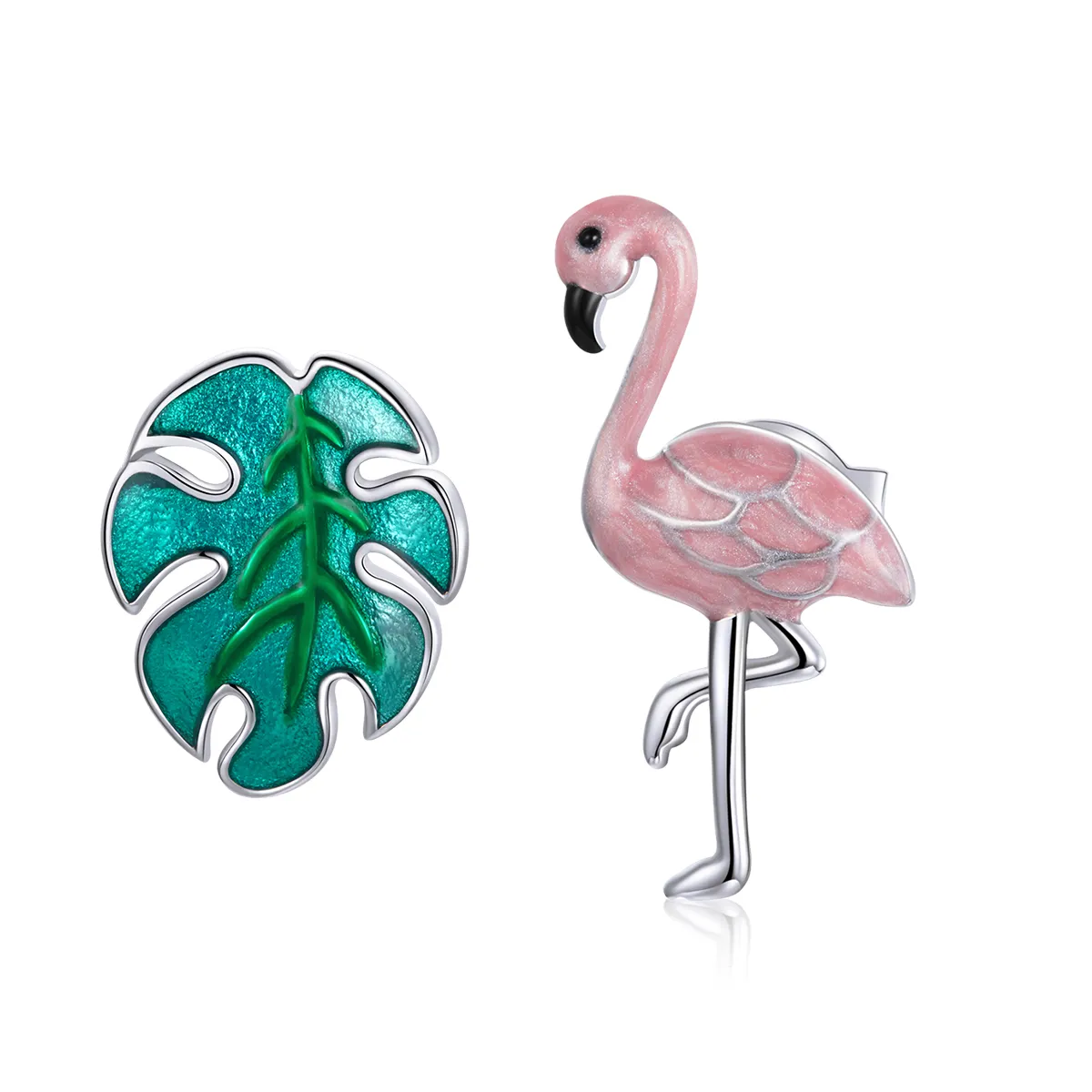 Pandora Style Silver Leaf & Flamingos Stud Earrings - SCE1124