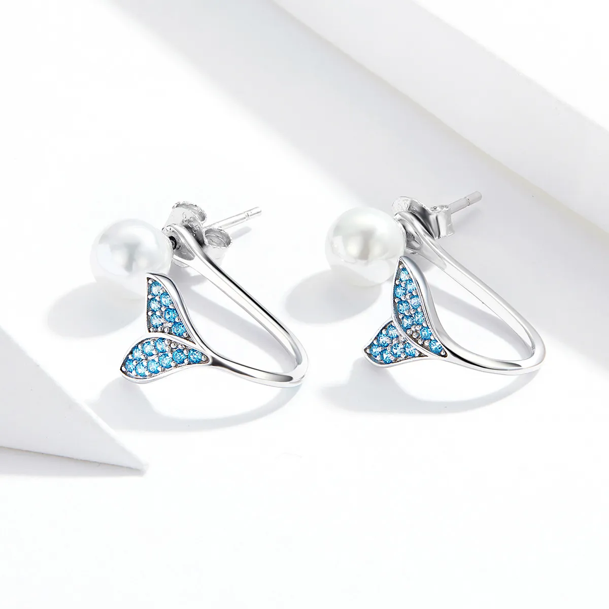 Pandora Style Silver Mermaid Tail Stud Earrings - SCE761