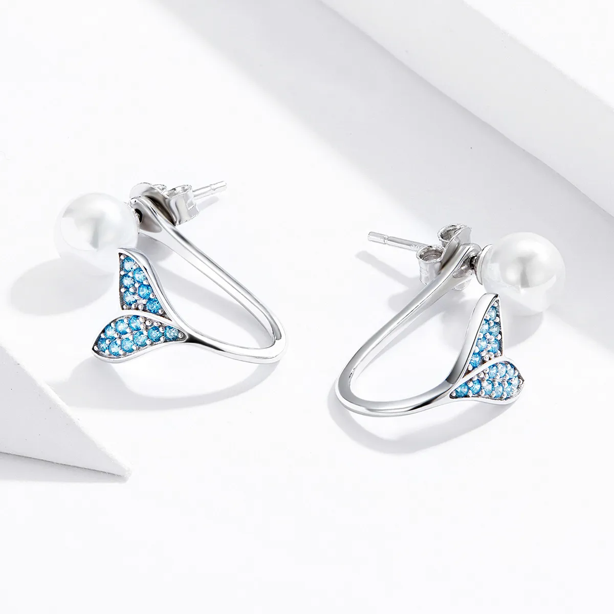Pandora Style Silver Mermaid Tail Stud Earrings - SCE761