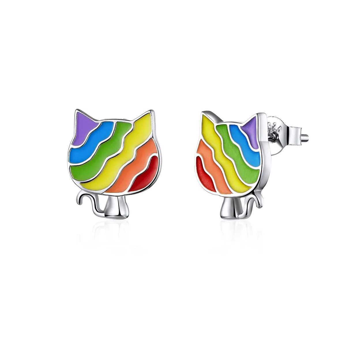 Pandora Style Silver Rainbow Kitty Stud Earrings - SCE823