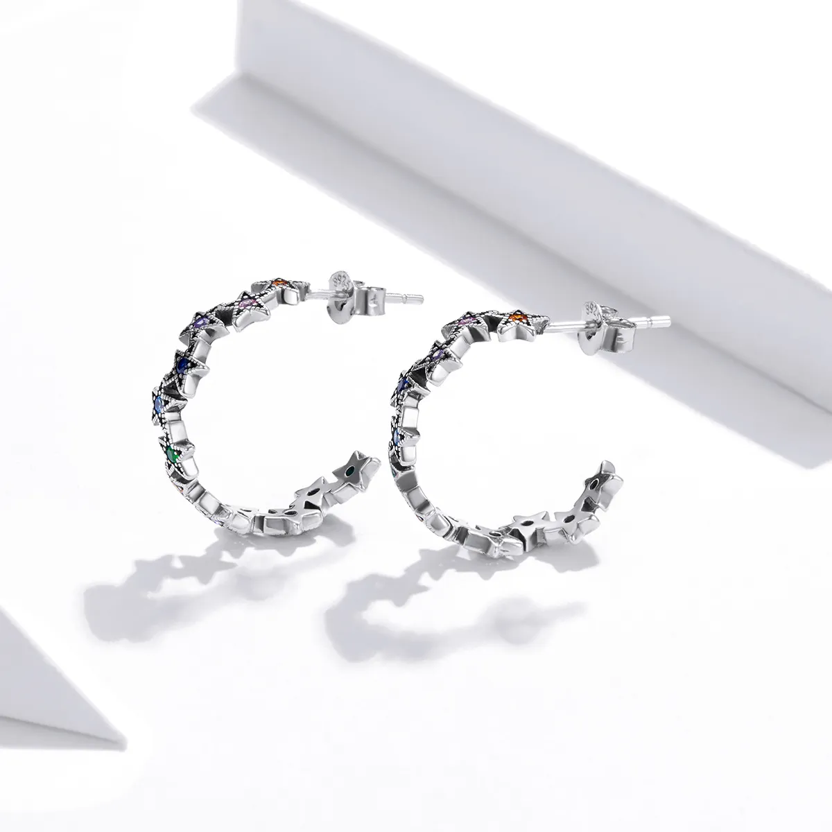 Pandora Style Silver Rainbow Stars Stud Earrings - SCE1082