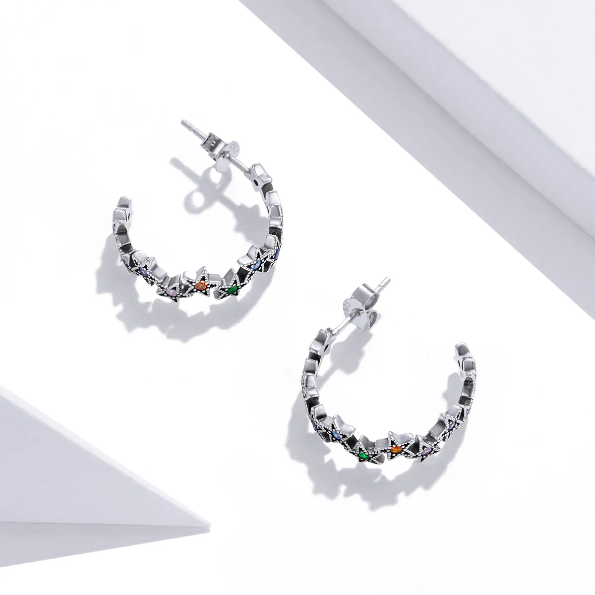 Pandora Style Silver Rainbow Stars Stud Earrings - SCE1082