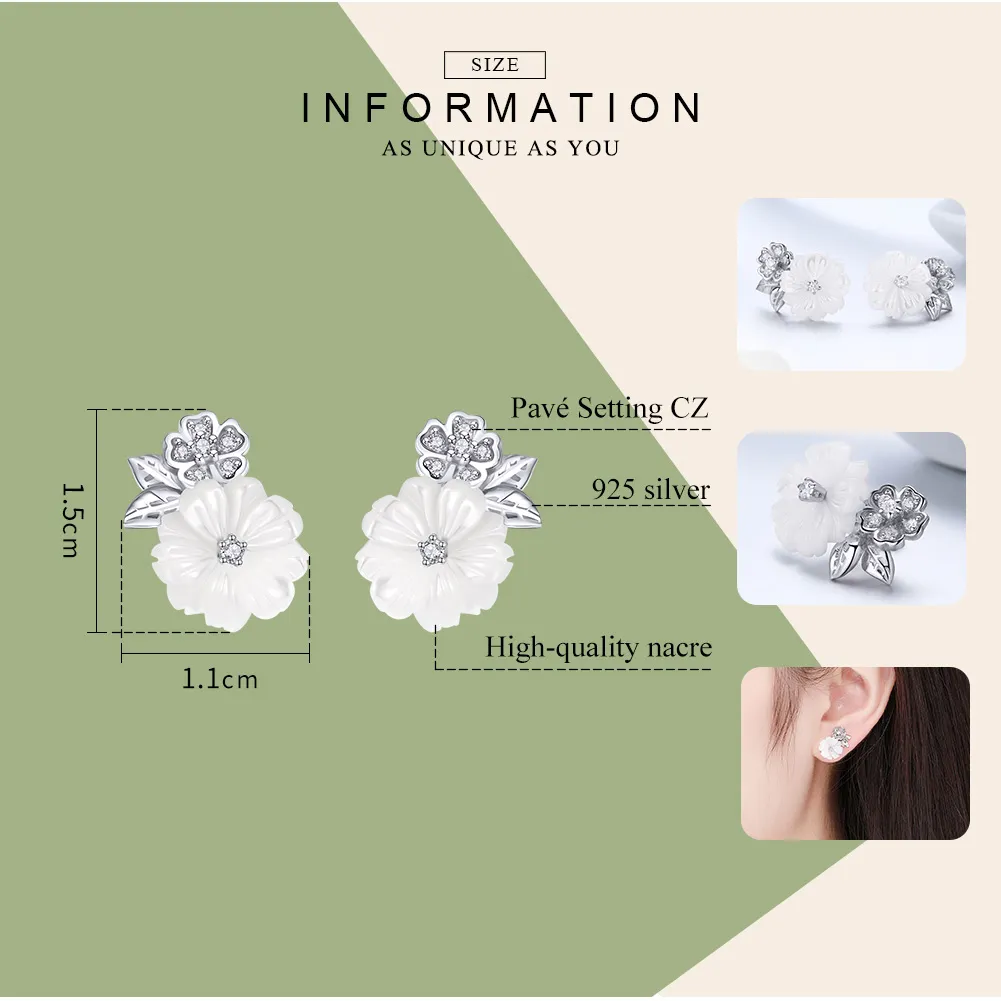 Pandora Style Silver Shell Flower Stud Earrings - BSE008