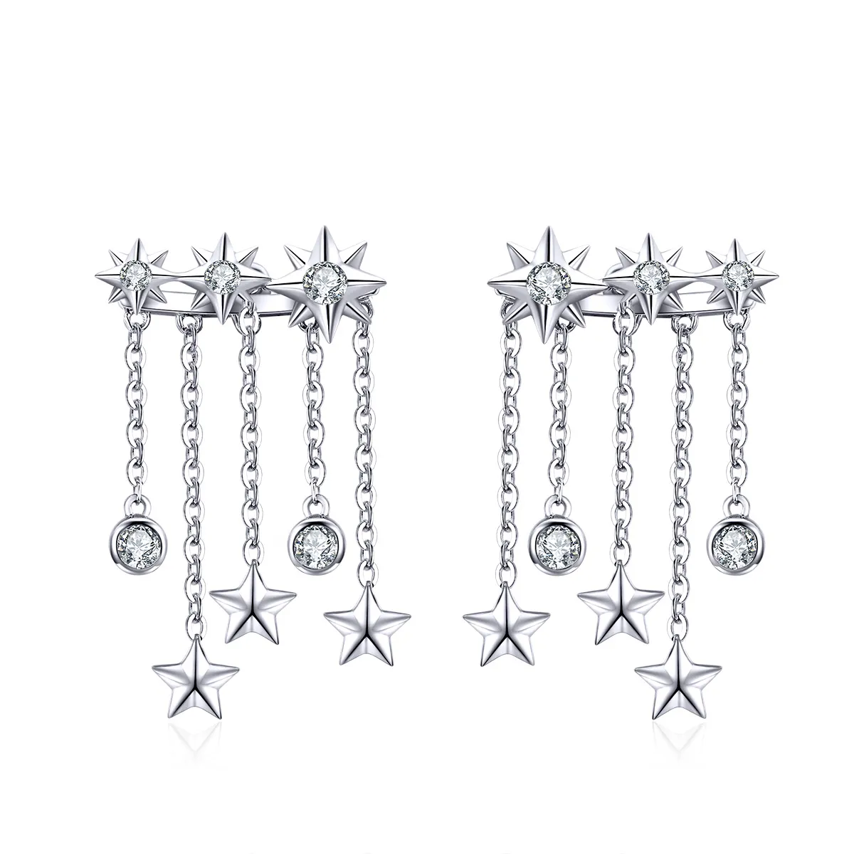 Pandora Style Silver Shining Star Dangle Earrings - SCE700