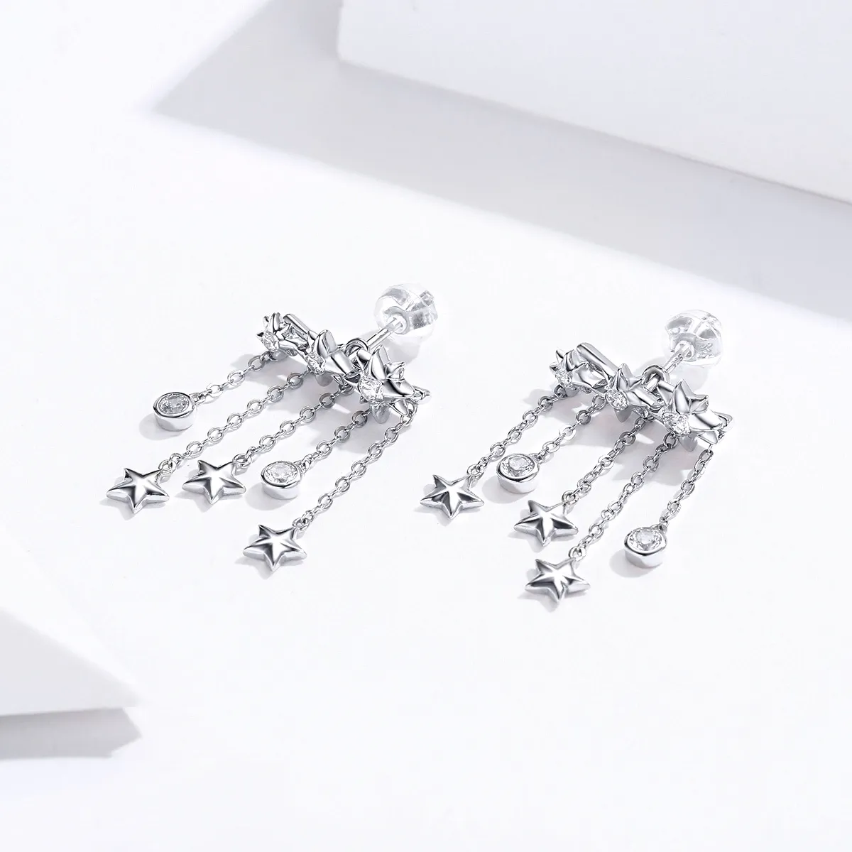 Pandora Style Silver Shining Star Dangle Earrings - SCE700